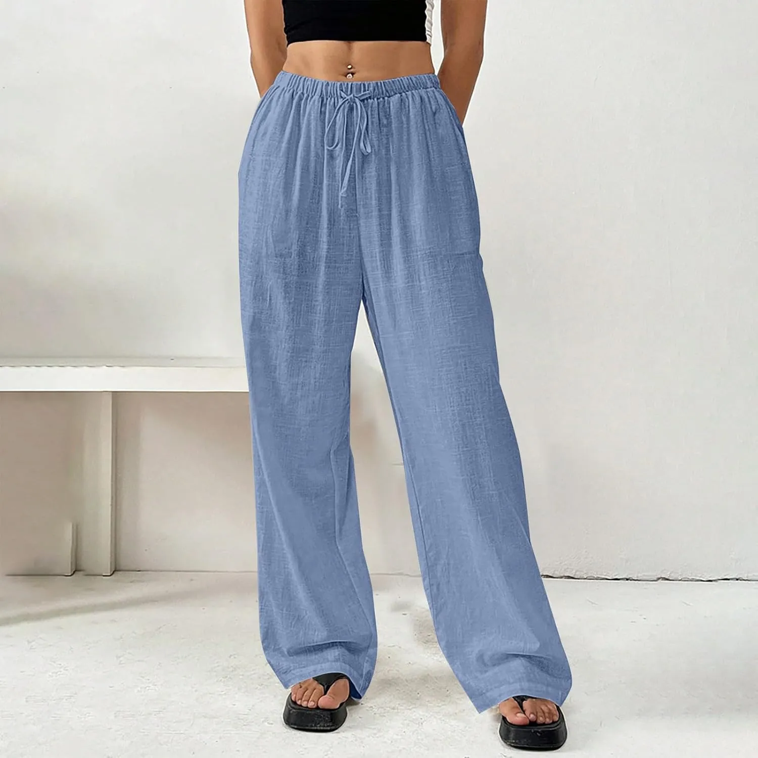 Cotton Linen Pants for Womens Loose Fit Breathable Cool Summer Outdoor Hiking Trousers Elastic Waist Drawstring Pants