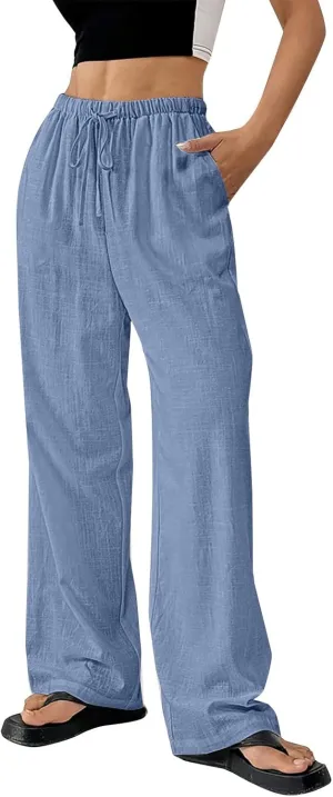 Cotton Linen Pants for Womens Loose Fit Breathable Cool Summer Outdoor Hiking Trousers Elastic Waist Drawstring Pants