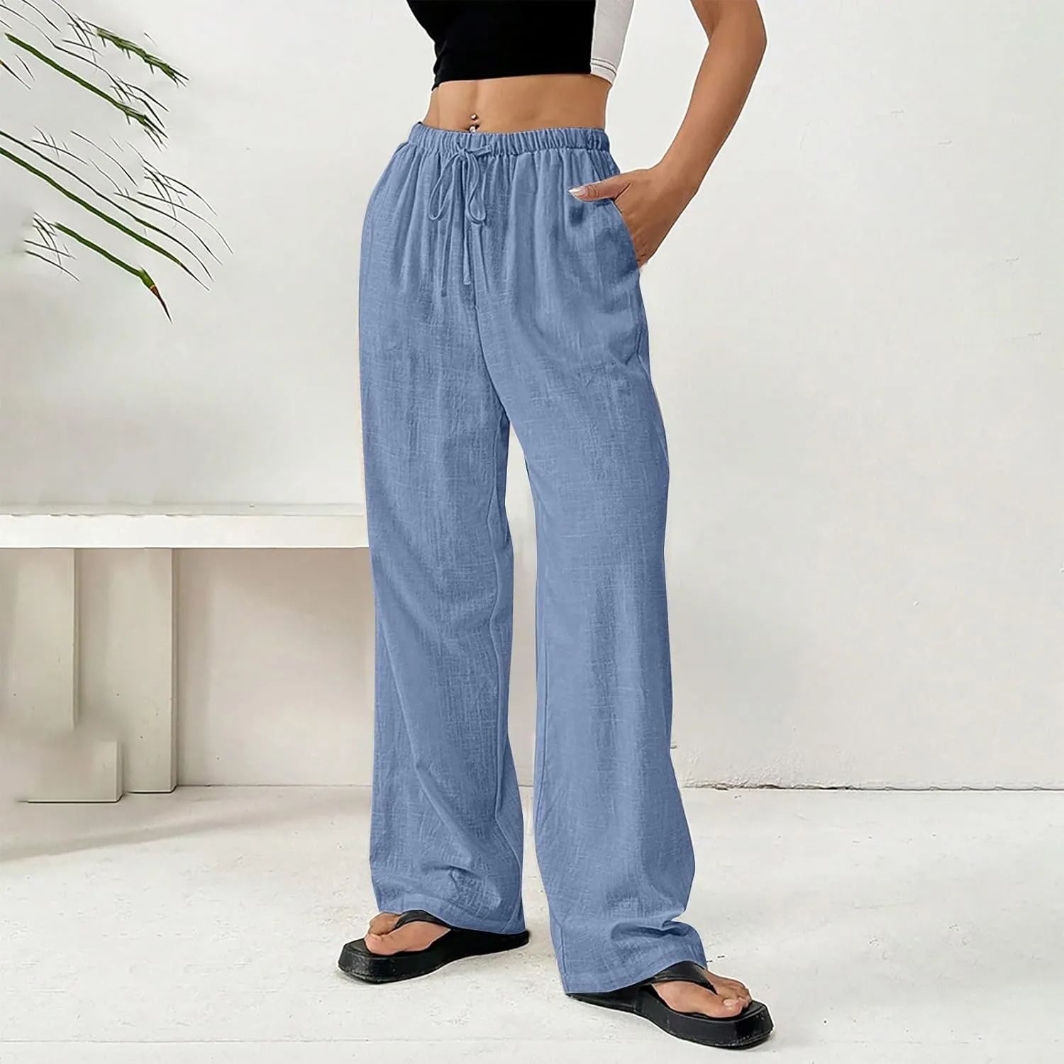 Cotton Linen Pants for Womens Loose Fit Breathable Cool Summer Outdoor Hiking Trousers Elastic Waist Drawstring Pants