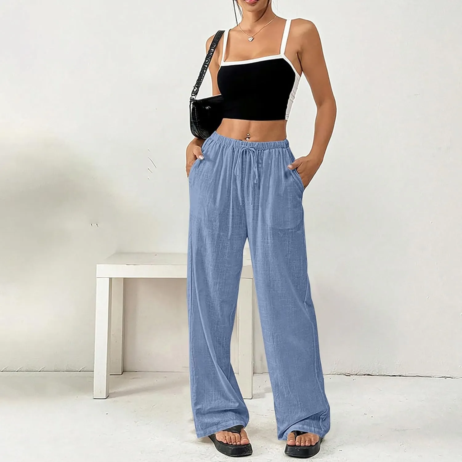 Cotton Linen Pants for Womens Loose Fit Breathable Cool Summer Outdoor Hiking Trousers Elastic Waist Drawstring Pants
