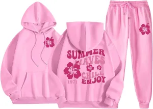 Cute 2 Piece Outfits for Women Teen Girls Preppy Puff Casual Hoodies Pockets Drawstring Pullover Oversized Sweatpants