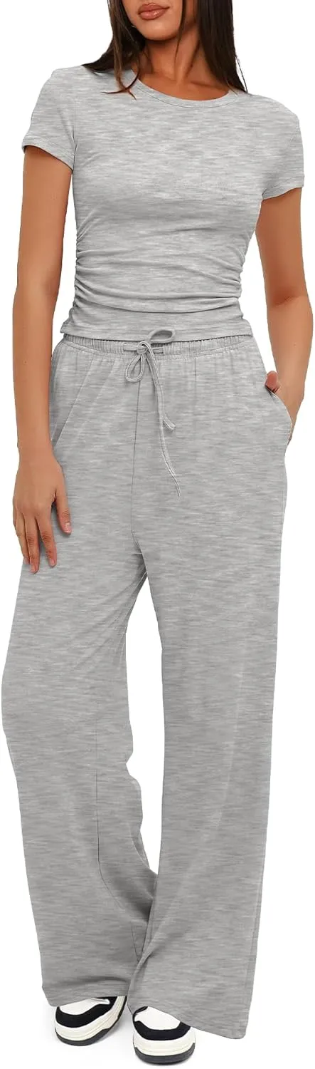 Darong Women's 2 Piece Outfits Lounge Sets Ruched Short Sleeve Tops High Waisted Wide Leg Pants Tracksuit Sets
