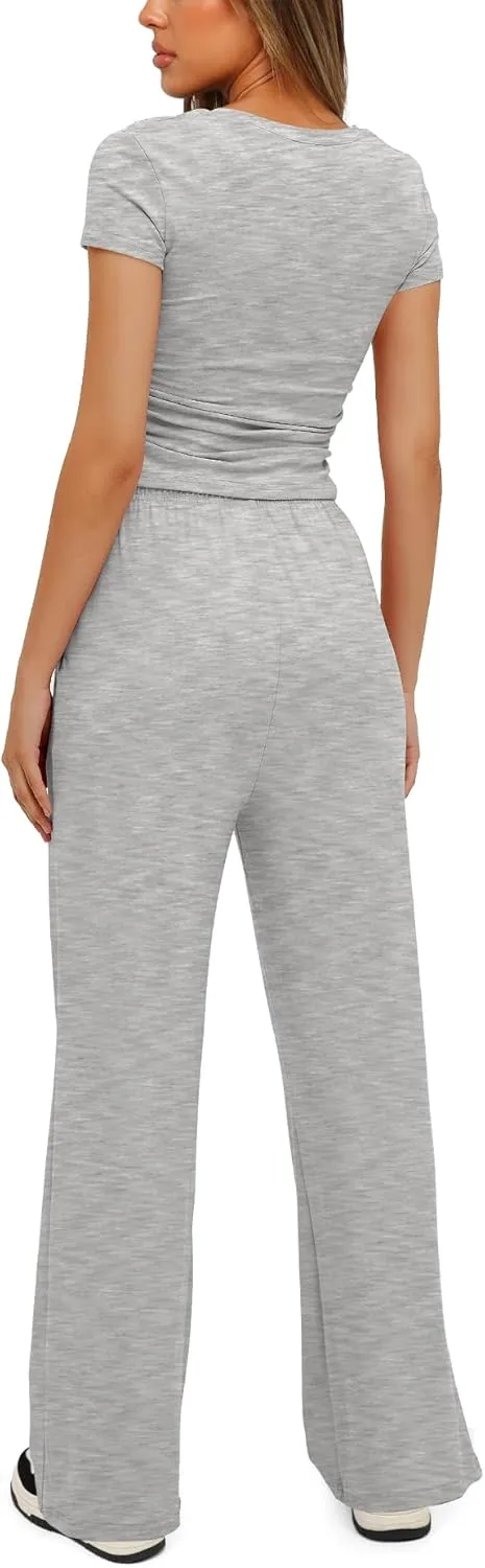 Darong Women's 2 Piece Outfits Lounge Sets Ruched Short Sleeve Tops High Waisted Wide Leg Pants Tracksuit Sets