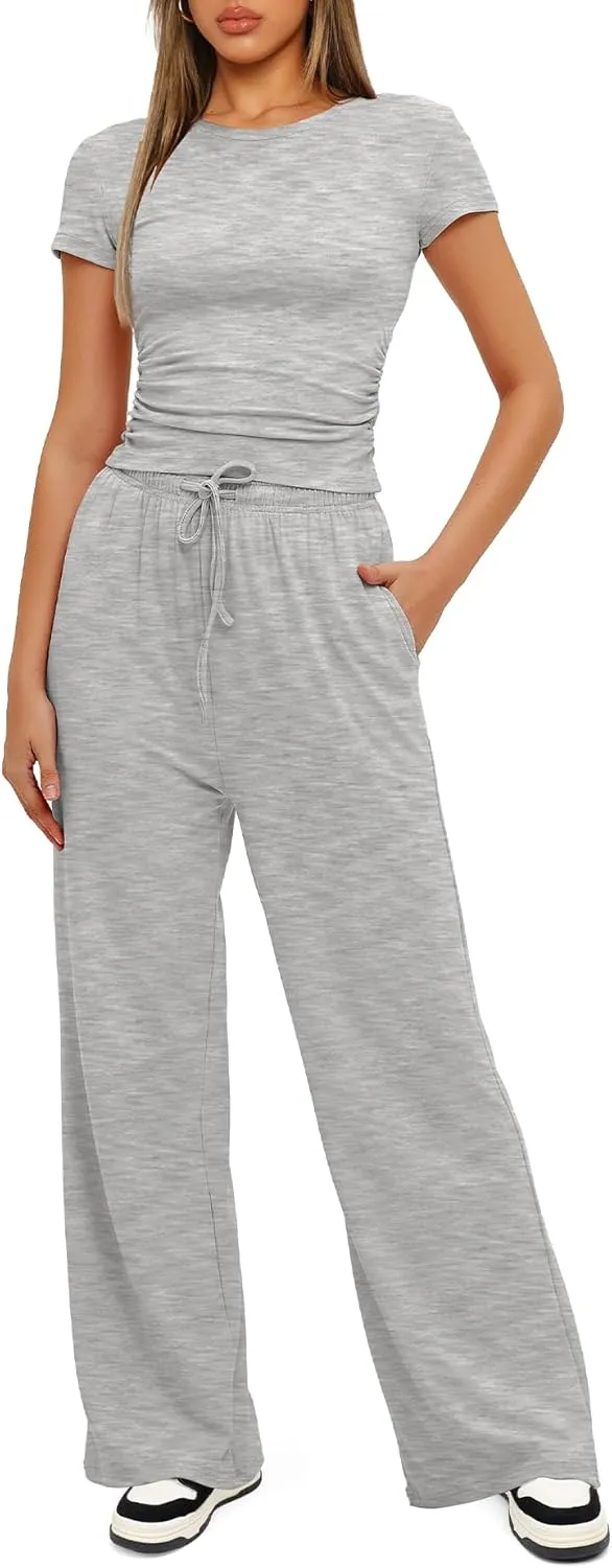 Darong Women's 2 Piece Outfits Lounge Sets Ruched Short Sleeve Tops High Waisted Wide Leg Pants Tracksuit Sets