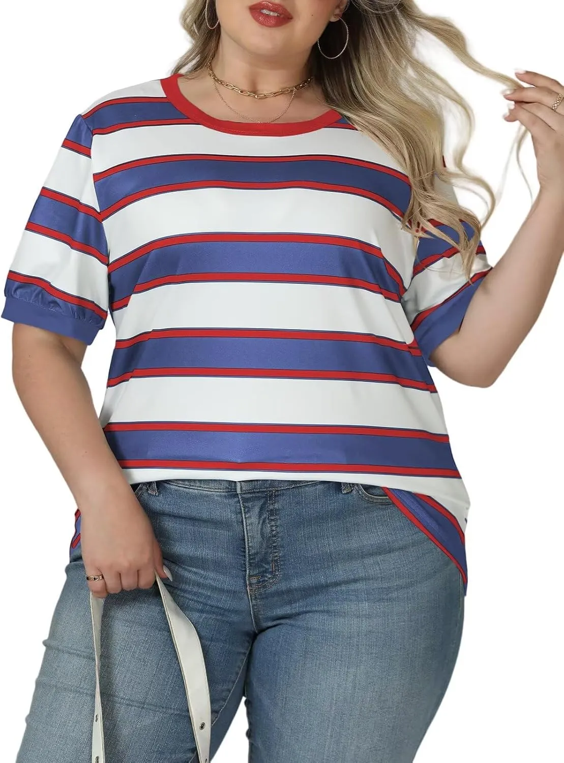 DOLNINE Womens-Plus-Size-Tops Cute Striped Color Block Oversized T Shirts Casual Short Sleeve Loose Fit Tunic Summer Blouses