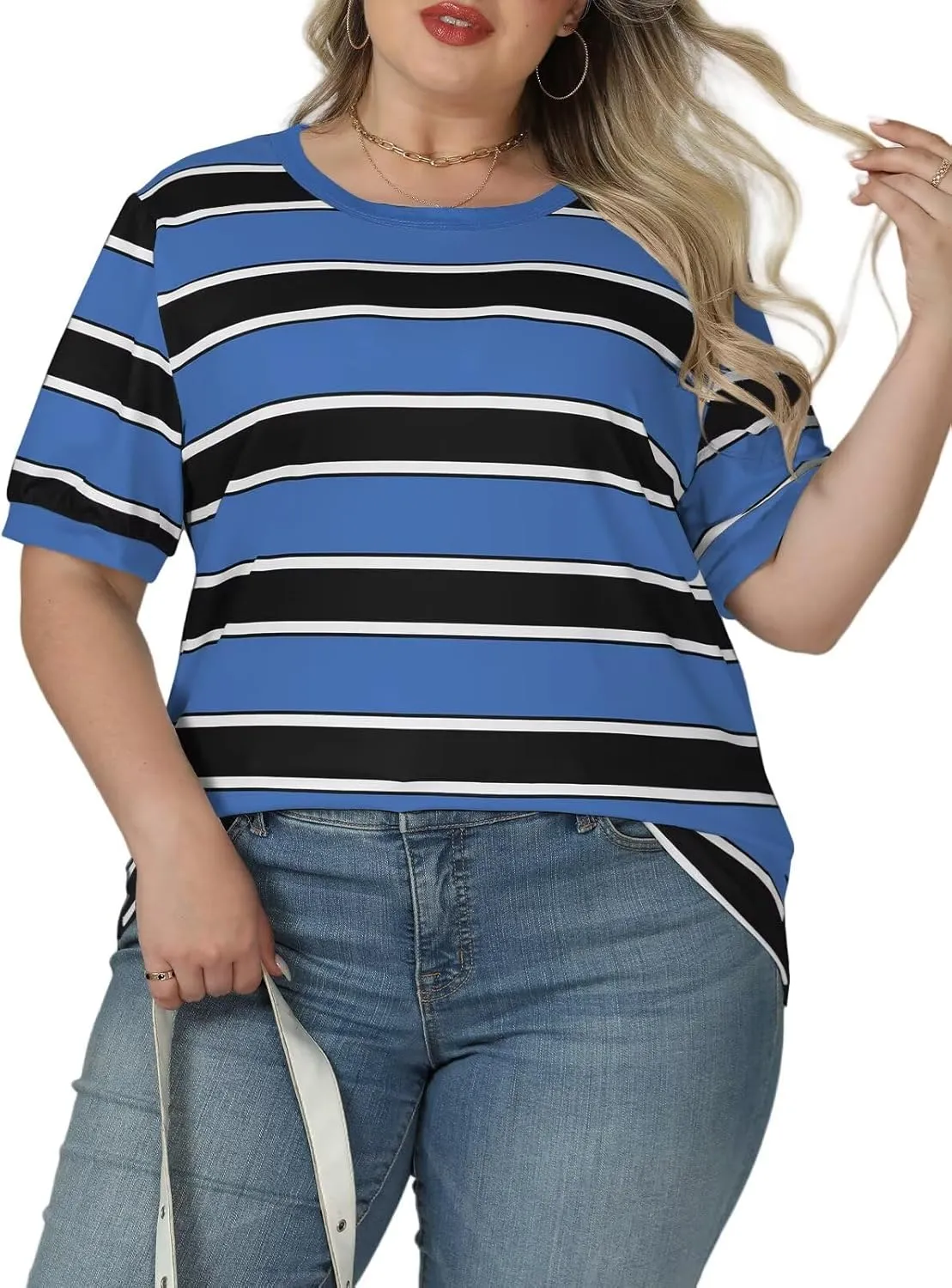 DOLNINE Womens-Plus-Size-Tops Cute Striped Color Block Oversized T Shirts Casual Short Sleeve Loose Fit Tunic Summer Blouses