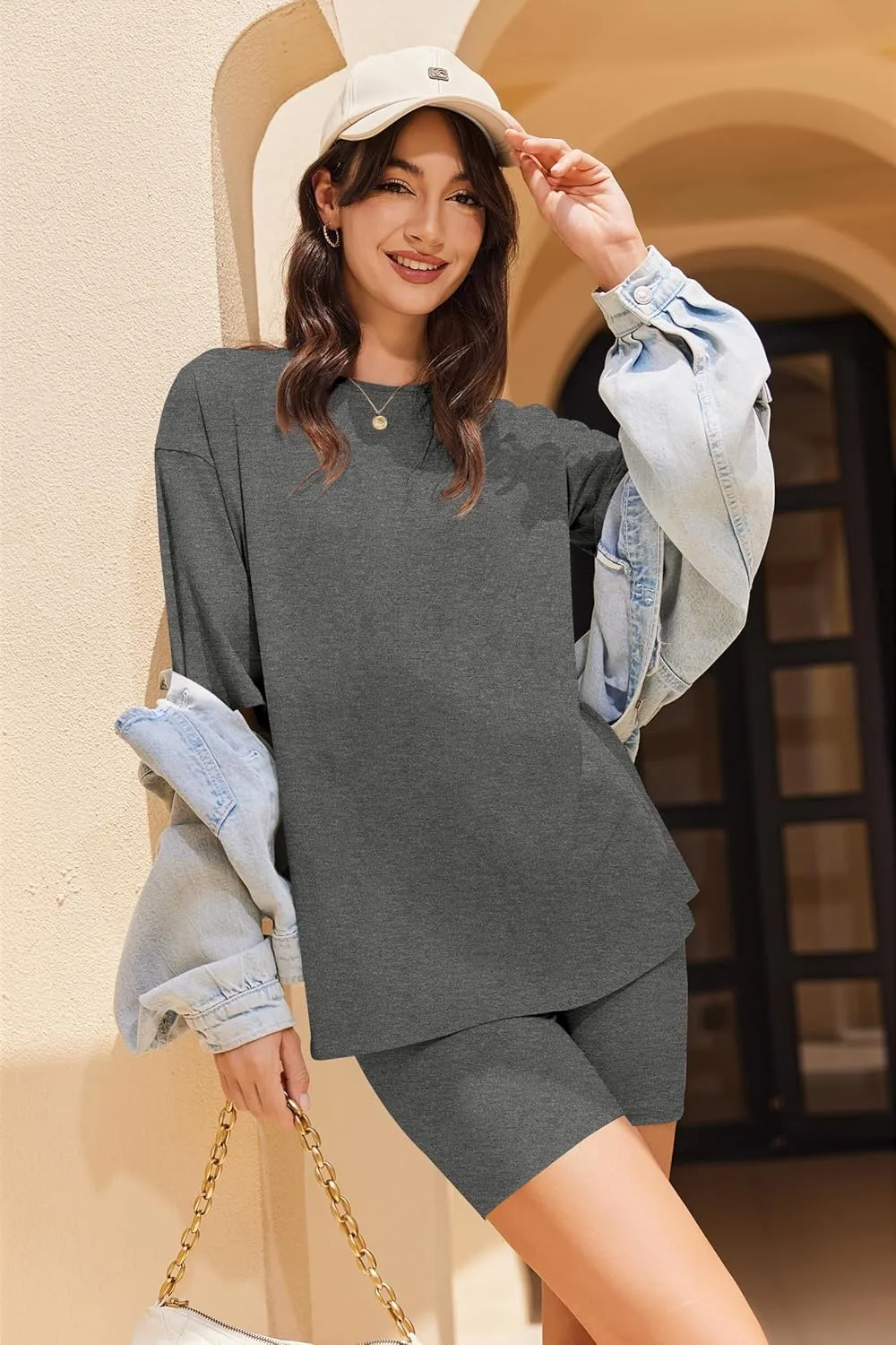 Ekouaer Women Cotton Knit Lounge Sets Summer Outfits T-Shirt Top and Biker Short Set 2 Piece Matching Tracksuit S-XXL