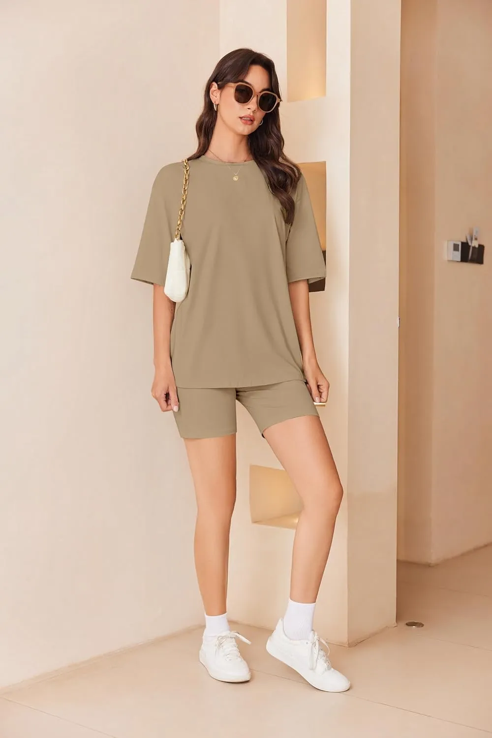 Ekouaer Women Cotton Knit Lounge Sets Summer Outfits T-Shirt Top and Biker Short Set 2 Piece Matching Tracksuit S-XXL