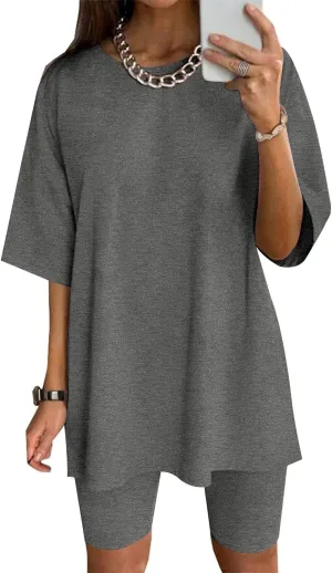 Ekouaer Women Cotton Knit Lounge Sets Summer Outfits T-Shirt Top and Biker Short Set 2 Piece Matching Tracksuit S-XXL