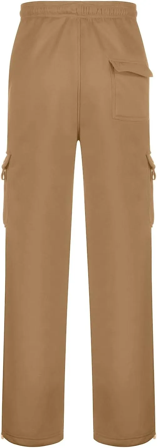 Fleece Baggy Sweatpants for Men, Straight Leg Cargo Sweatpants with Pockets, Loose Elastic Waist Drawstring Jogger Pants
