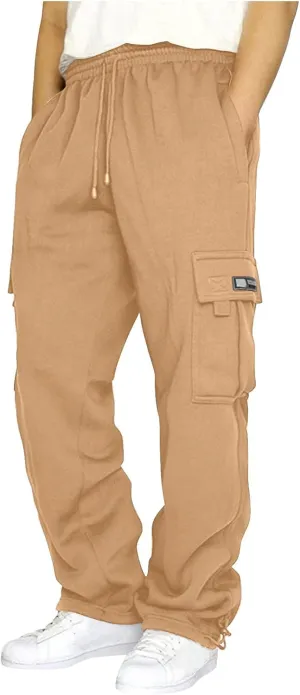 Fleece Baggy Sweatpants for Men, Straight Leg Cargo Sweatpants with Pockets, Loose Elastic Waist Drawstring Jogger Pants