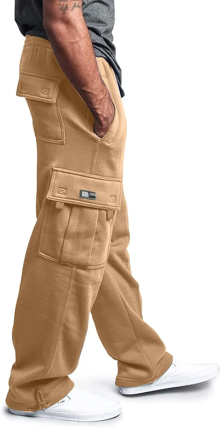 Fleece Baggy Sweatpants for Men, Straight Leg Cargo Sweatpants with Pockets, Loose Elastic Waist Drawstring Jogger Pants