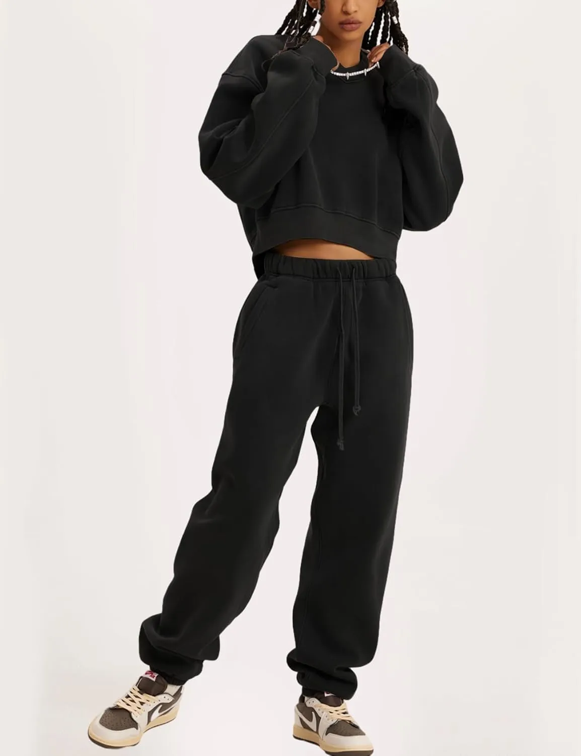Flygo Women Sweat Set Sweatsuit Fleece 2 Piece Joggers Tracksuit Outfits Crop Sweatshirt Sweatpants Sets