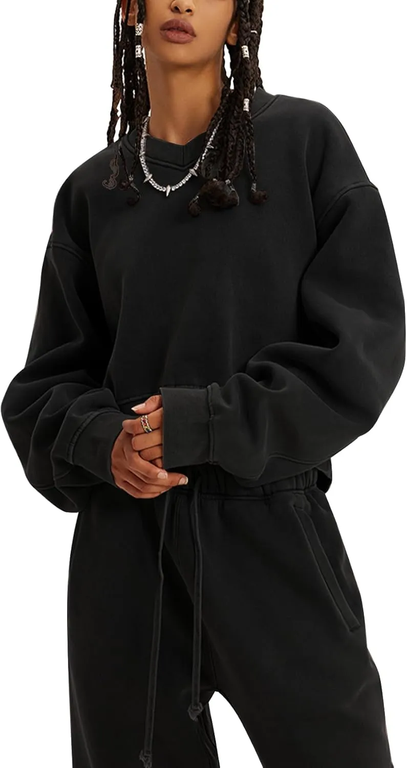 Flygo Women Sweat Set Sweatsuit Fleece 2 Piece Joggers Tracksuit Outfits Crop Sweatshirt Sweatpants Sets
