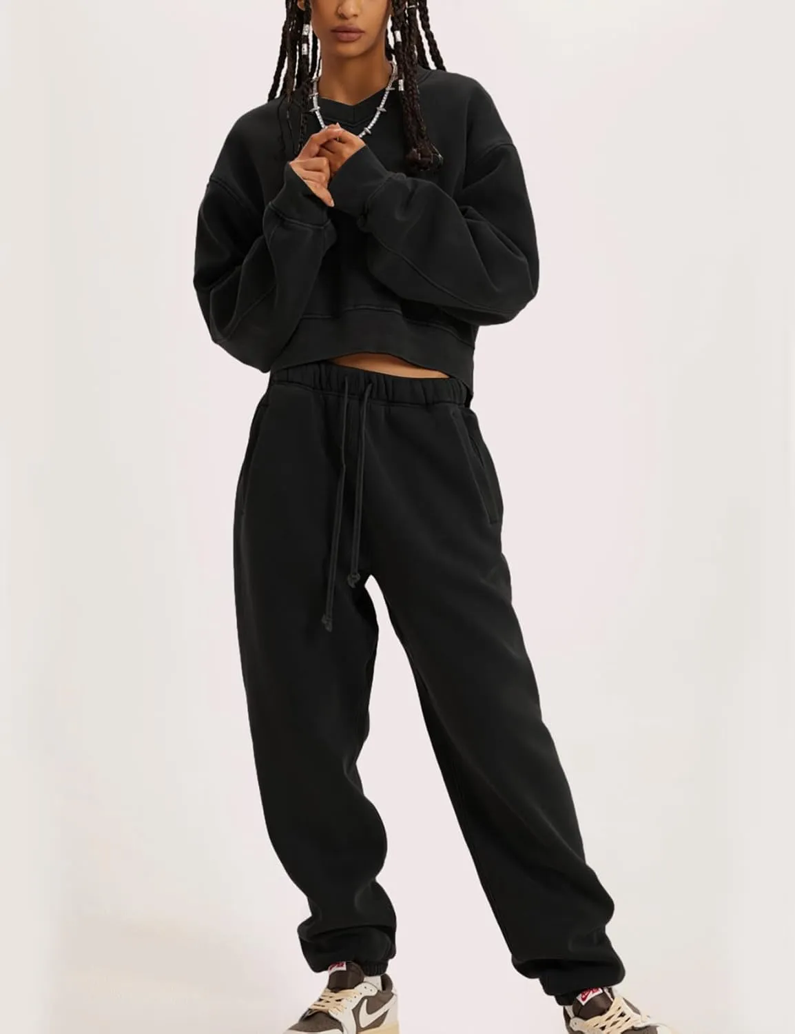 Flygo Women Sweat Set Sweatsuit Fleece 2 Piece Joggers Tracksuit Outfits Crop Sweatshirt Sweatpants Sets
