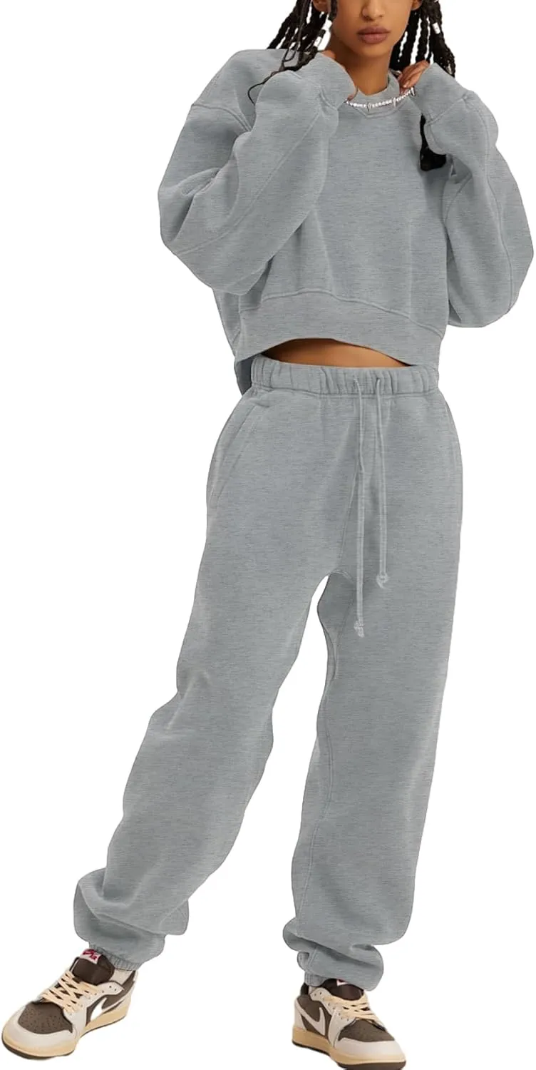 Flygo Women Sweat Set Sweatsuit Fleece 2 Piece Joggers Tracksuit Outfits Crop Sweatshirt Sweatpants Sets