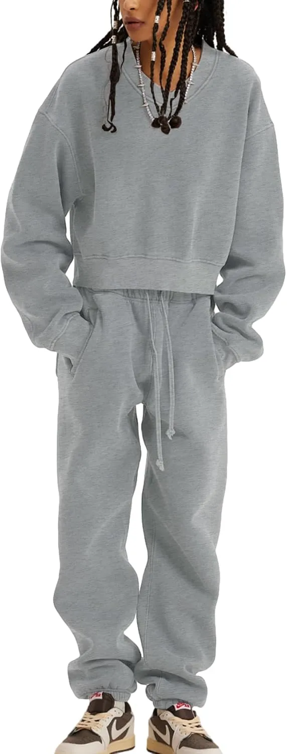 Flygo Women Sweat Set Sweatsuit Fleece 2 Piece Joggers Tracksuit Outfits Crop Sweatshirt Sweatpants Sets