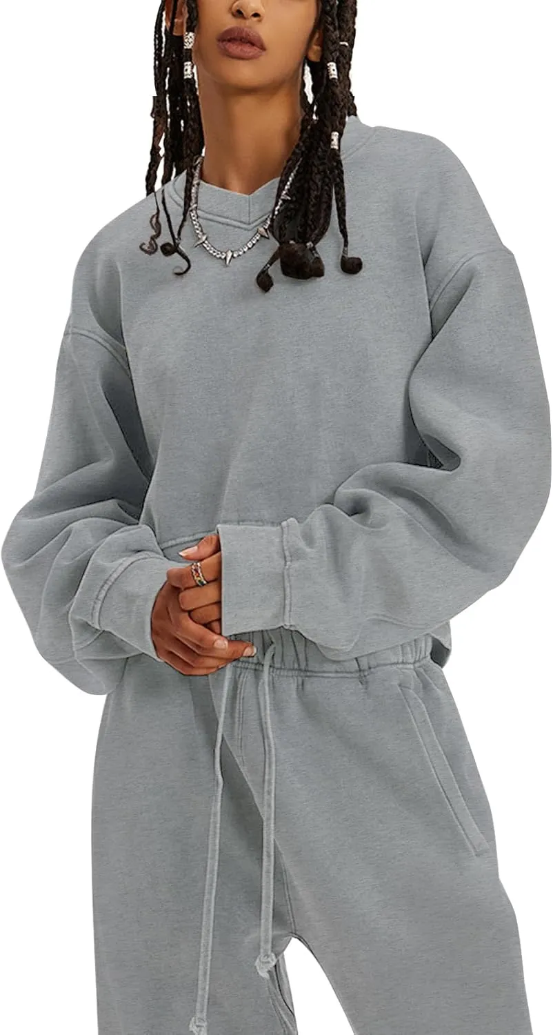 Flygo Women Sweat Set Sweatsuit Fleece 2 Piece Joggers Tracksuit Outfits Crop Sweatshirt Sweatpants Sets