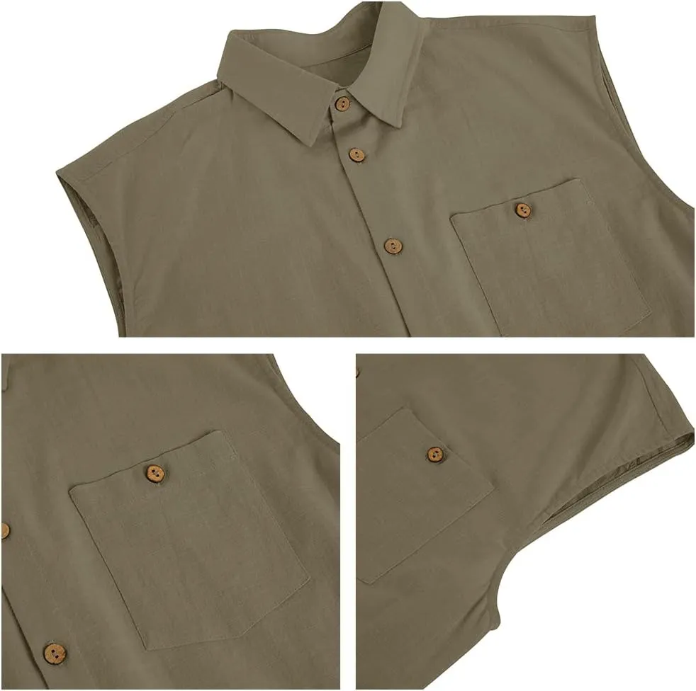 Fommykin Men's Linen Sleeveless Shirts Button Down Beach Tank Top Basic Solid Shirt Vest with Pocket