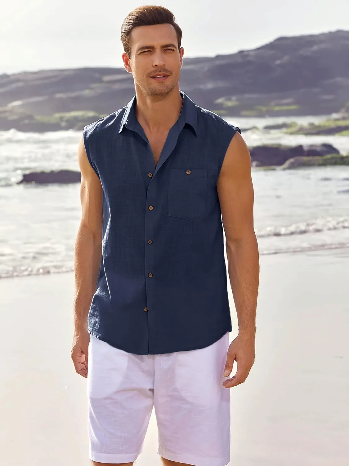 Fommykin Men's Linen Sleeveless Shirts Button Down Beach Tank Top Basic Solid Shirt Vest with Pocket