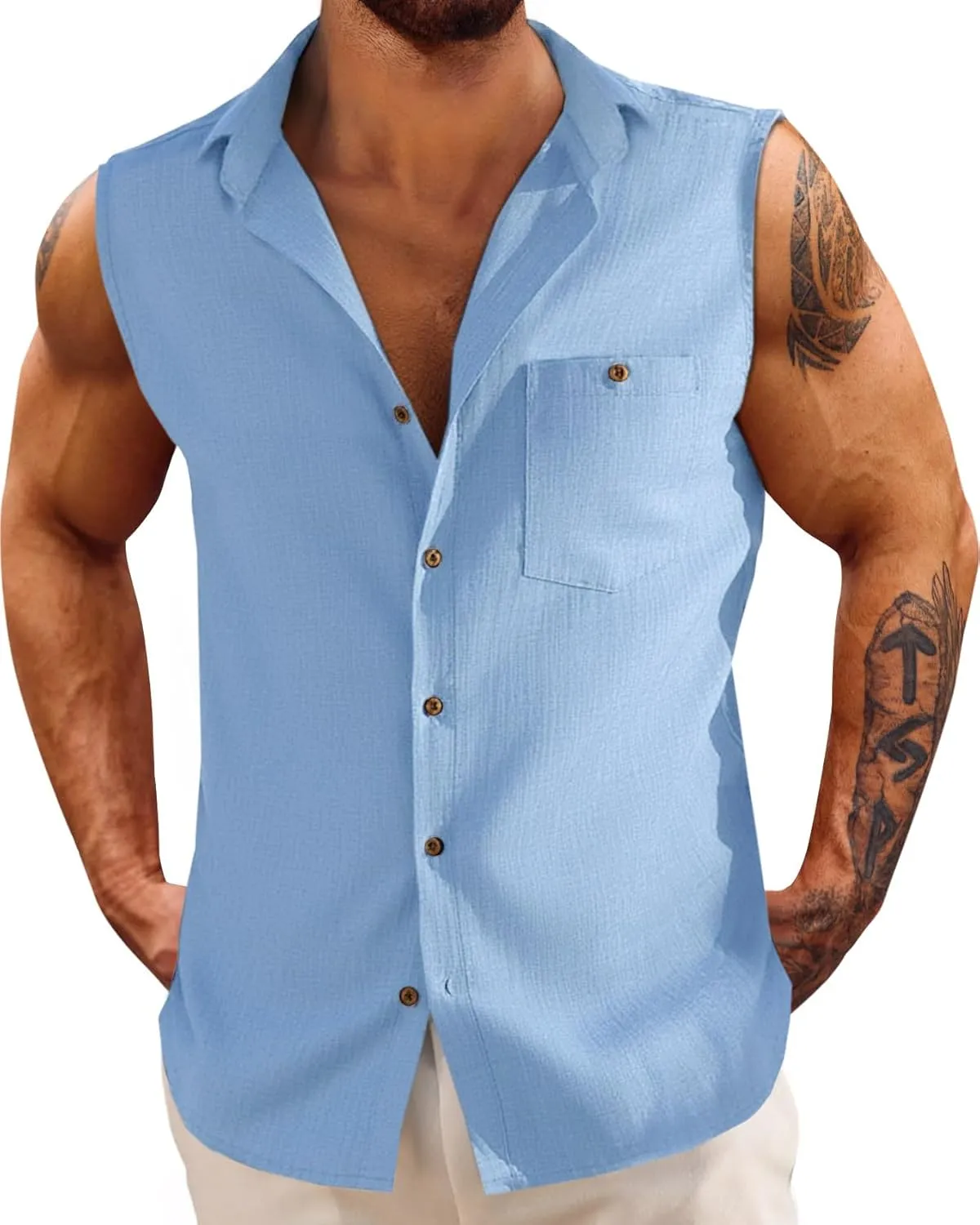 Fommykin Men's Linen Sleeveless Shirts Button Down Beach Tank Top Basic Solid Shirt Vest with Pocket