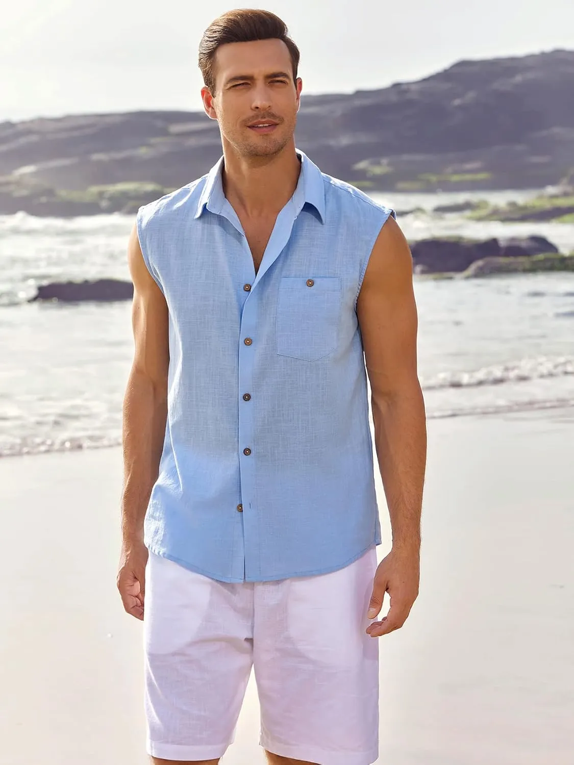 Fommykin Men's Linen Sleeveless Shirts Button Down Beach Tank Top Basic Solid Shirt Vest with Pocket