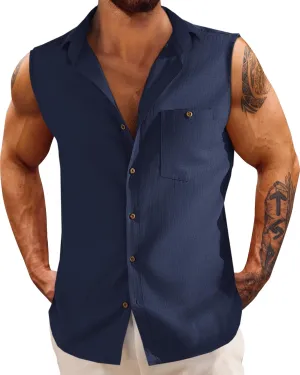 Fommykin Men's Linen Sleeveless Shirts Button Down Beach Tank Top Basic Solid Shirt Vest with Pocket