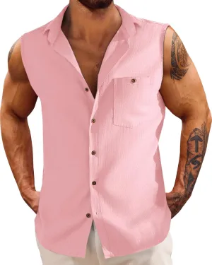 Fommykin Men's Linen Sleeveless Shirts Button Down Beach Tank Top Basic Solid Shirt Vest with Pocket
