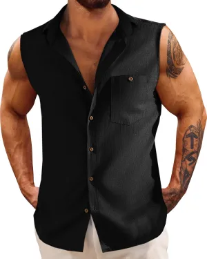 Fommykin Men's Linen Sleeveless Shirts Button Down Beach Tank Top Basic Solid Shirt Vest with Pocket