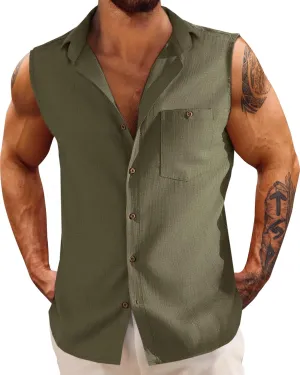 Fommykin Men's Linen Sleeveless Shirts Button Down Beach Tank Top Basic Solid Shirt Vest with Pocket