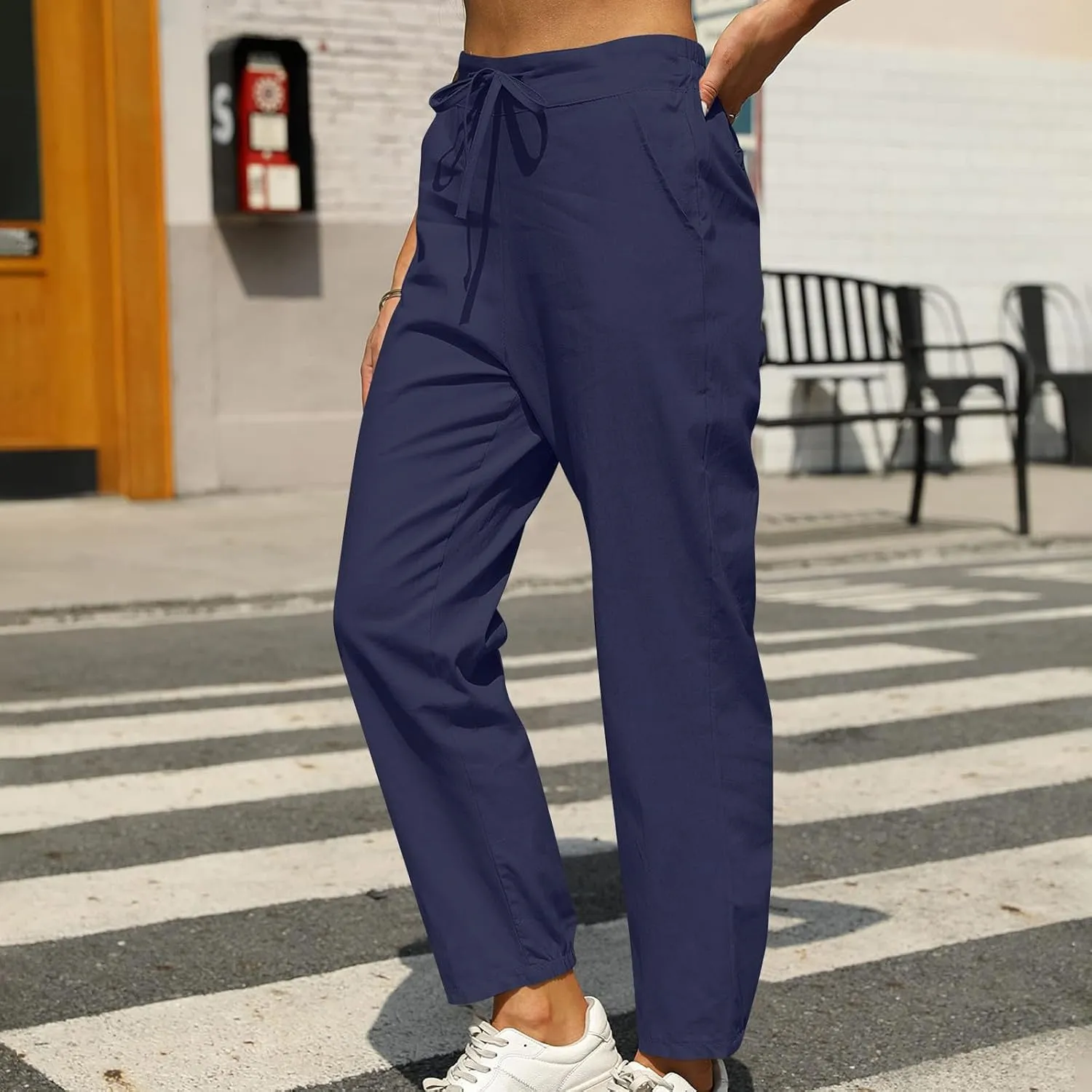 FZYLQY 2025 Linen Pants for Women Summer Casual High Waisted Drawstring Beach Pants Trendy Solid Color Trousers with Pockets