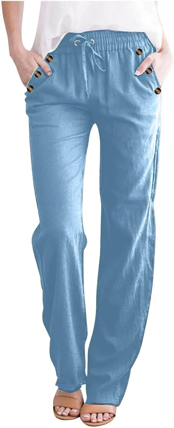 FZYLQY Ladies Linen Straight Leg Trousers High Rise Drawstring Button Pocket Pants Lightweight Slacks for Summer 2025