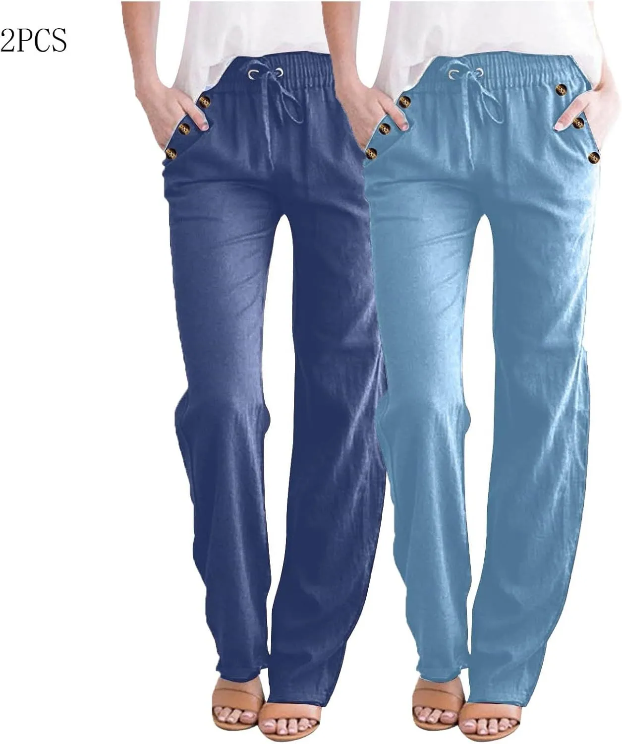 FZYLQY Ladies Linen Straight Leg Trousers High Rise Drawstring Button Pocket Pants Lightweight Slacks for Summer 2025
