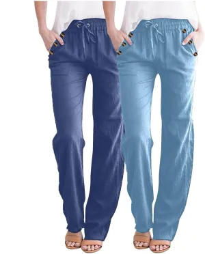 FZYLQY Ladies Linen Straight Leg Trousers High Rise Drawstring Button Pocket Pants Lightweight Slacks for Summer 2025