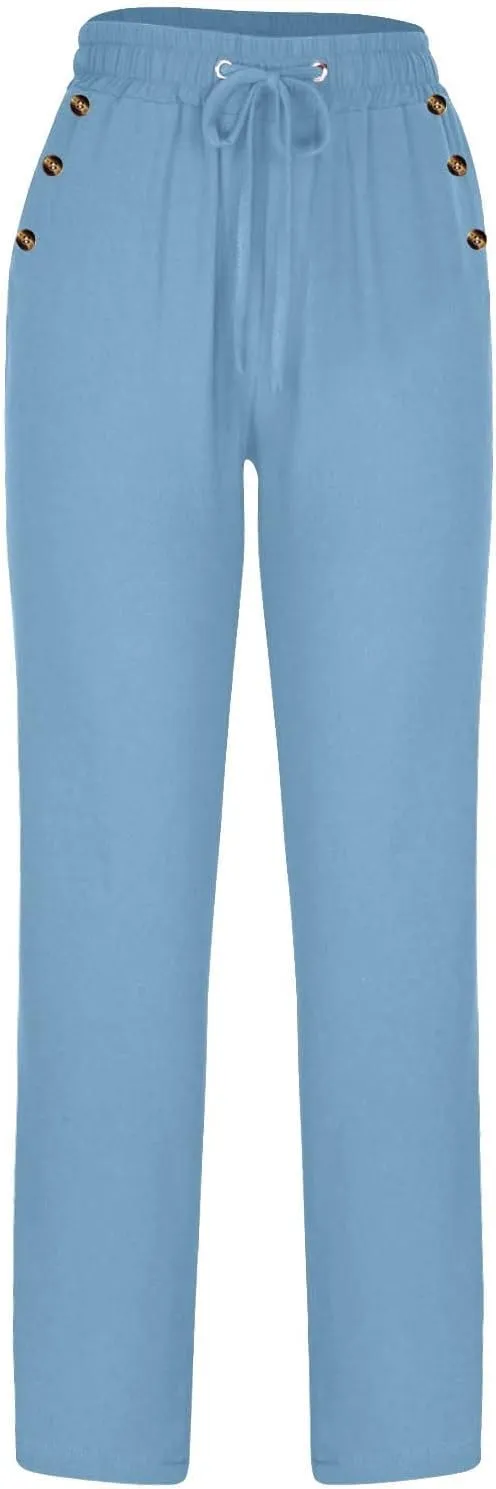 FZYLQY Ladies Linen Straight Leg Trousers High Rise Drawstring Button Pocket Pants Lightweight Slacks for Summer 2025