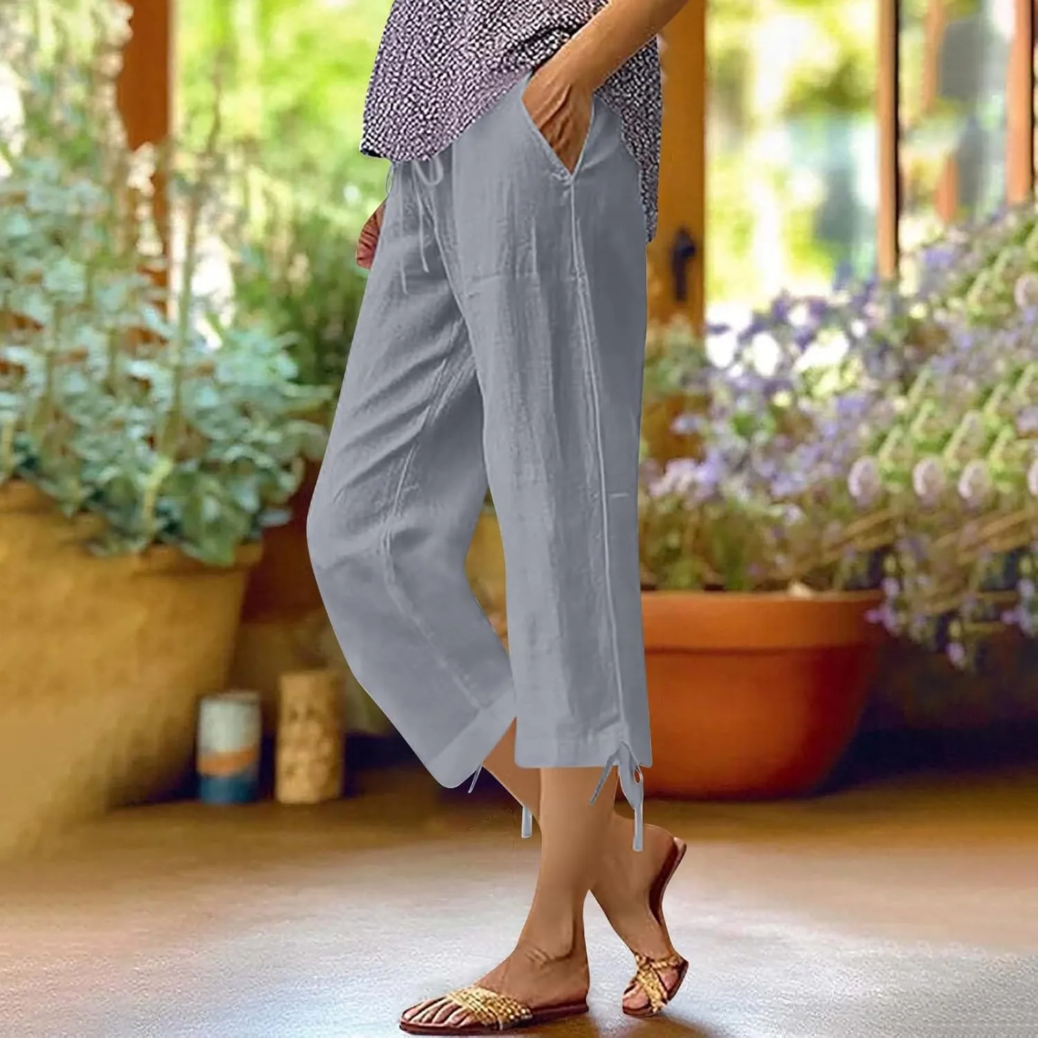 GIERIDUC Capris Pants for Women Cotton Linen Casual Summer Straight Wide Leg Loose Drawstring Elastic Waist Cropped Trousers