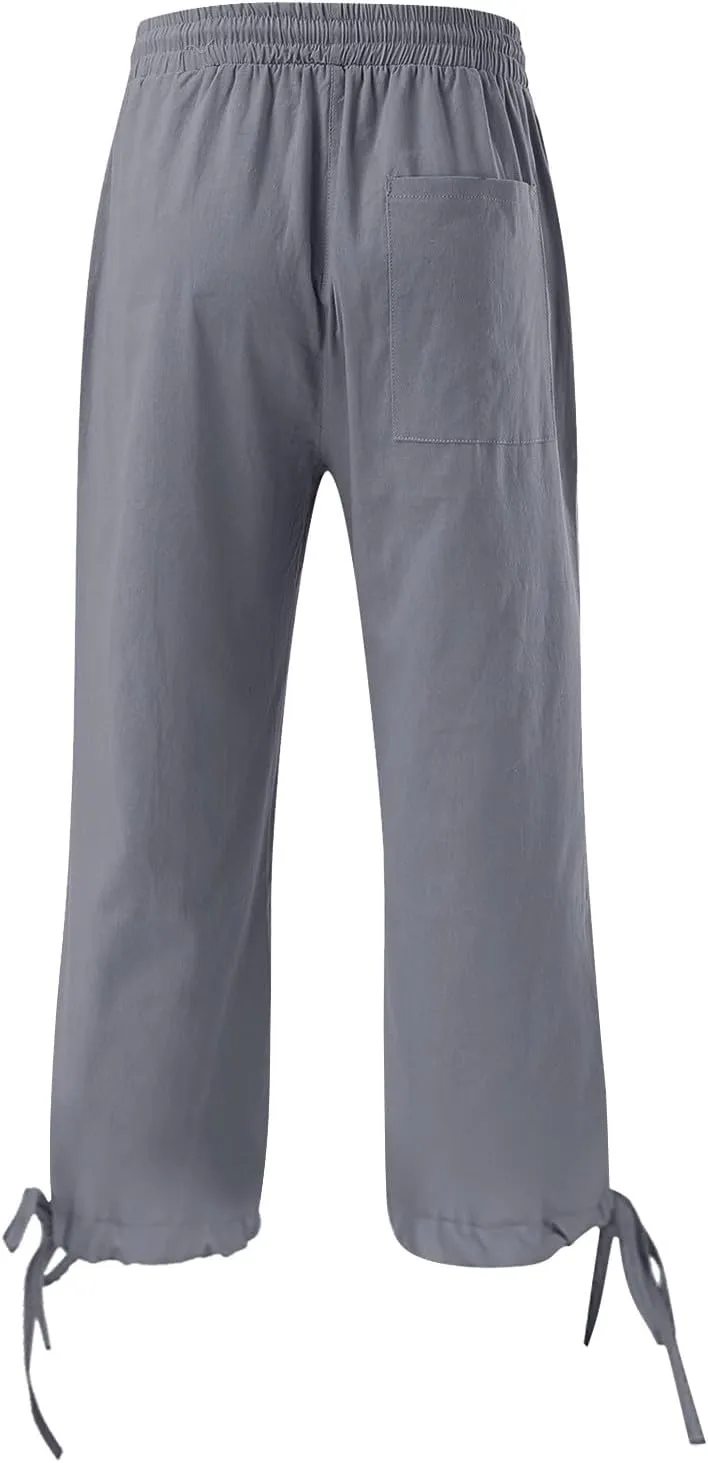 GIERIDUC Capris Pants for Women Cotton Linen Casual Summer Straight Wide Leg Loose Drawstring Elastic Waist Cropped Trousers