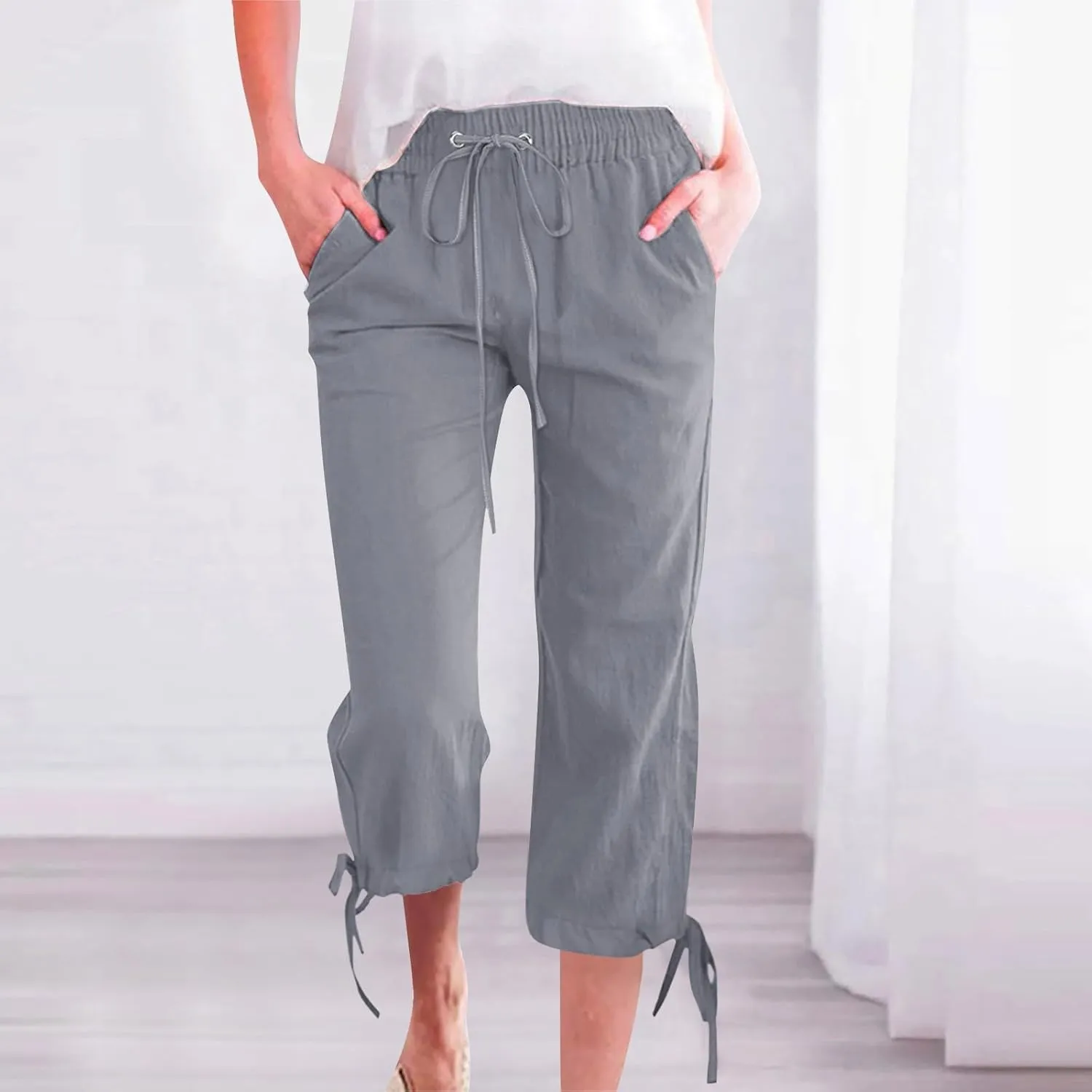 GIERIDUC Capris Pants for Women Cotton Linen Casual Summer Straight Wide Leg Loose Drawstring Elastic Waist Cropped Trousers