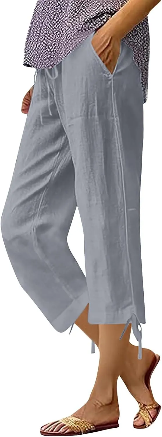 GIERIDUC Capris Pants for Women Cotton Linen Casual Summer Straight Wide Leg Loose Drawstring Elastic Waist Cropped Trousers