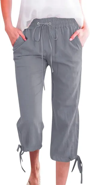 GIERIDUC Capris Pants for Women Cotton Linen Casual Summer Straight Wide Leg Loose Drawstring Elastic Waist Cropped Trousers