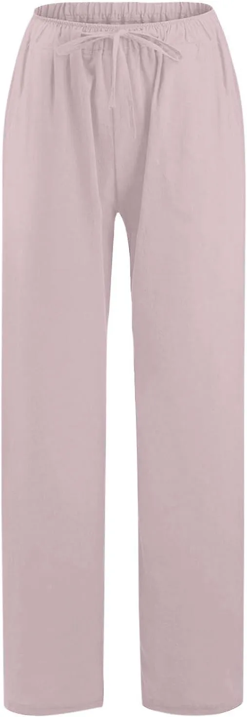 GIERIDUC Women's Summer Cotton Linen Wide Leg Pants Drawstring High Waist Loose Casual Palazzo Flowy Beach Trousers
