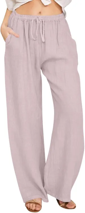 GIERIDUC Women's Summer Cotton Linen Wide Leg Pants Drawstring High Waist Loose Casual Palazzo Flowy Beach Trousers