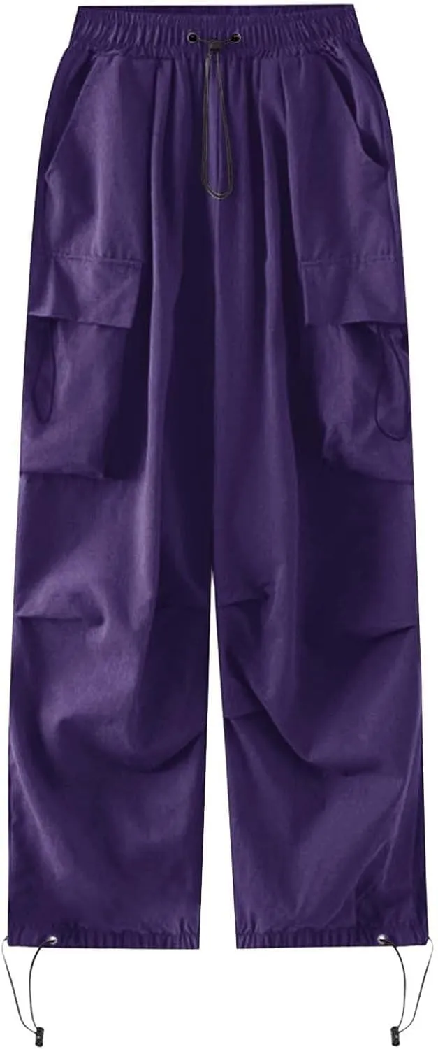 Girls&Womens High Waist Parachute Pants Cargo Trousers with Pockets Loose Baggy Hiking Pants Adjustable