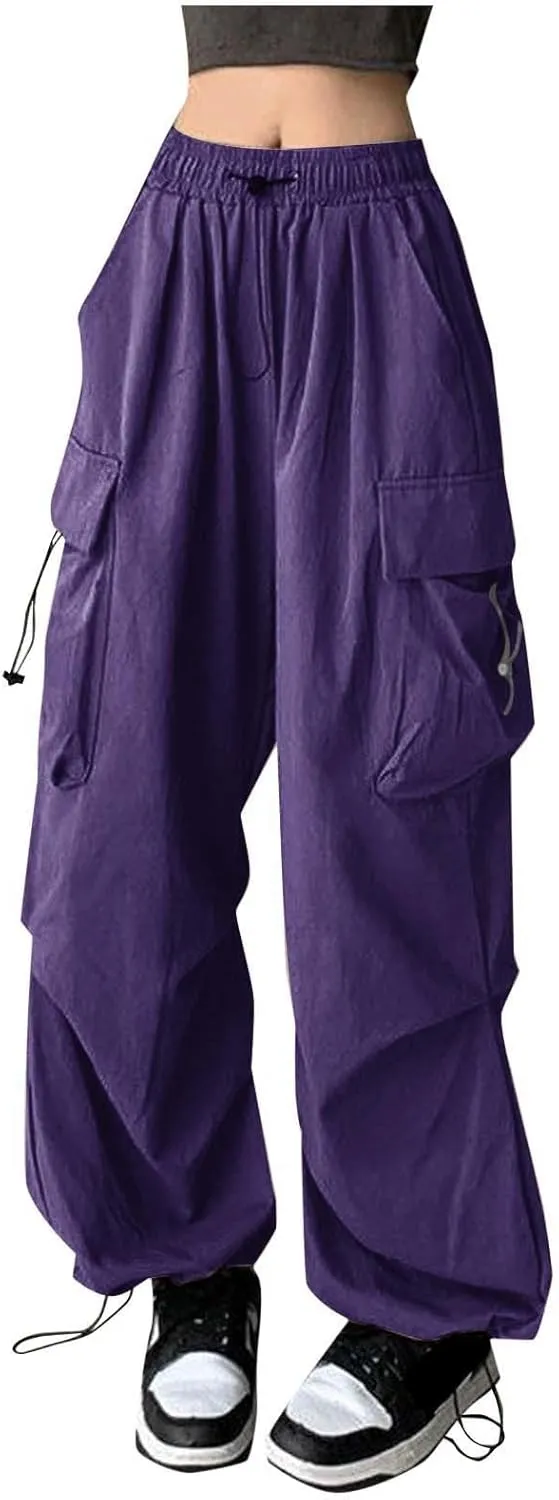 Girls&Womens High Waist Parachute Pants Cargo Trousers with Pockets Loose Baggy Hiking Pants Adjustable