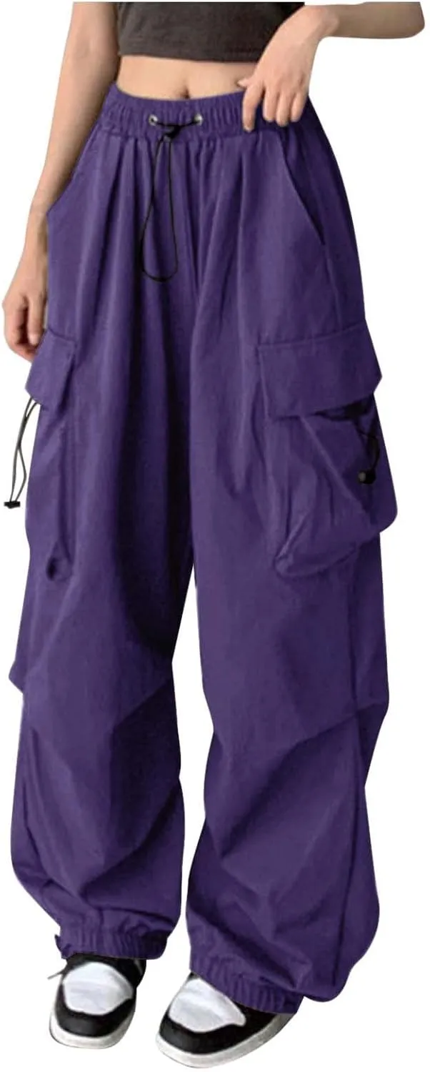 Girls&Womens High Waist Parachute Pants Cargo Trousers with Pockets Loose Baggy Hiking Pants Adjustable