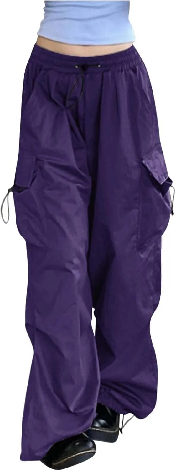 Girls&Womens High Waist Parachute Pants Cargo Trousers with Pockets Loose Baggy Hiking Pants Adjustable