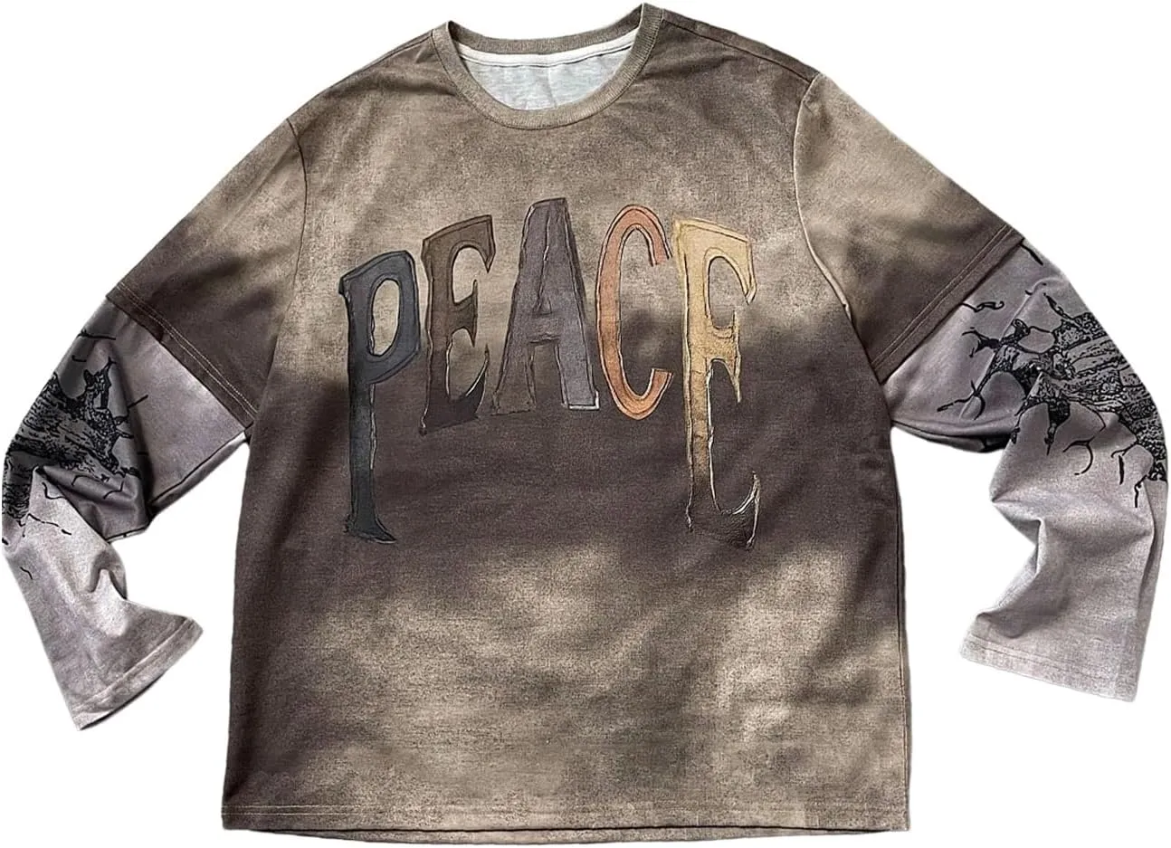 GORGLITTER Men's Y2k Letter Graphic Shirt Color Block Oversized Long Sleeve Crewneck 2 in 1 Tee Tops