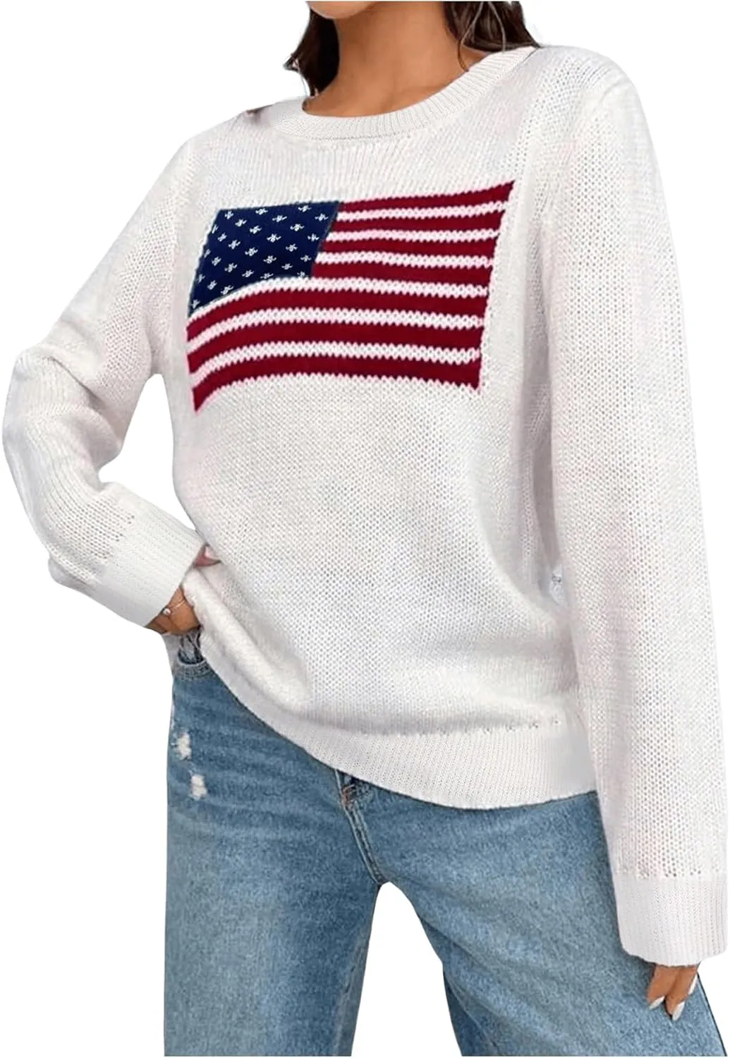 GORGLITTER Women's American Flag Graphic Long Sleeve Sweater Knit Round Neck Pullover Top