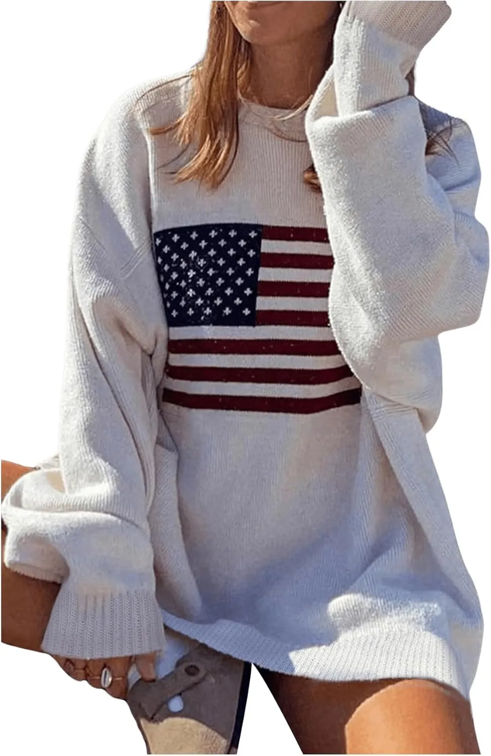 GORGLITTER Women's American Flag Graphic Long Sleeve Sweater Knit Round Neck Pullover Top