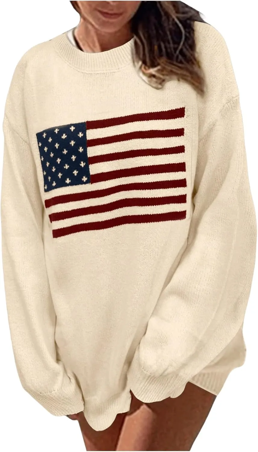 GORGLITTER Women's American Flag Graphic Long Sleeve Sweater Knit Round Neck Pullover Top